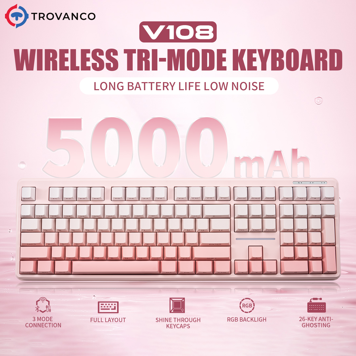 Gaming Keyboard No Noise - V108 Bluetooth Keyboard Wired&Wirel 2.4G 100%