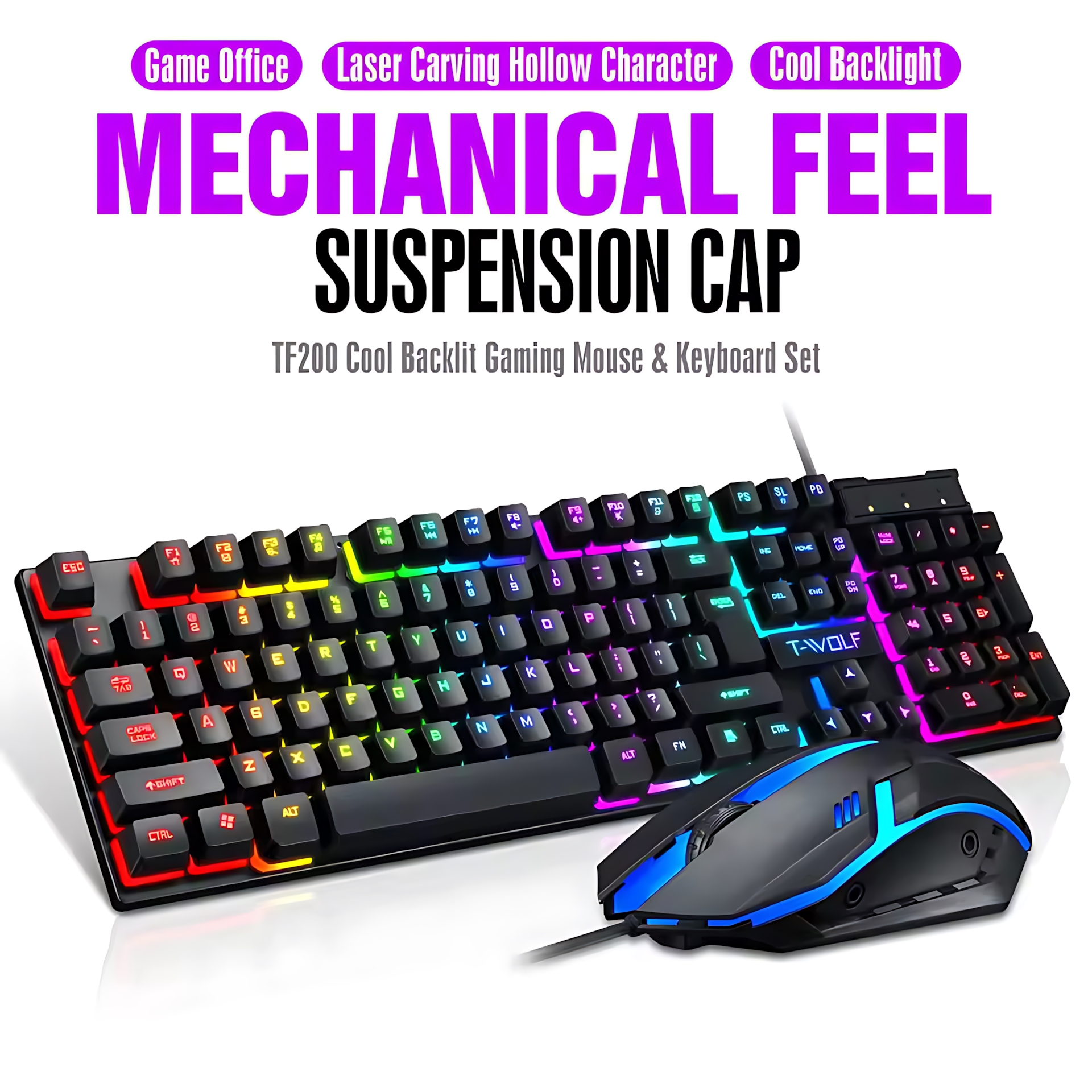Gaming Keyboard Mouse Wireless - Rainbow Backlit Wired Keyboard and Mouse,Floating